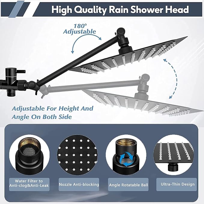 Rainfall Shower Head with Handheld Combo, Black, 10 Inch & 3 Spray Modes | 180° Adjustable with Extension Arm, Easy To Install