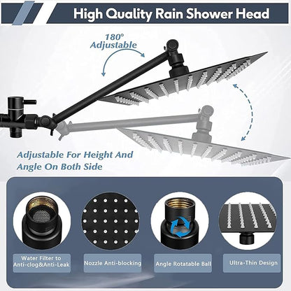 Rainfall Shower Head with Handheld Combo, Black, 10 Inch & 3 Spray Modes | 180° Adjustable with Extension Arm, Easy To Install