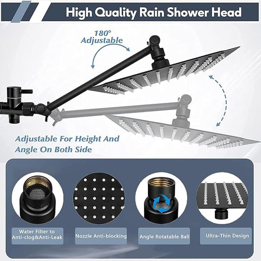 Rainfall Shower Head with Handheld Combo, Black, 10 Inch & 3 Spray Modes | 180° Adjustable with Extension Arm, Easy To Install