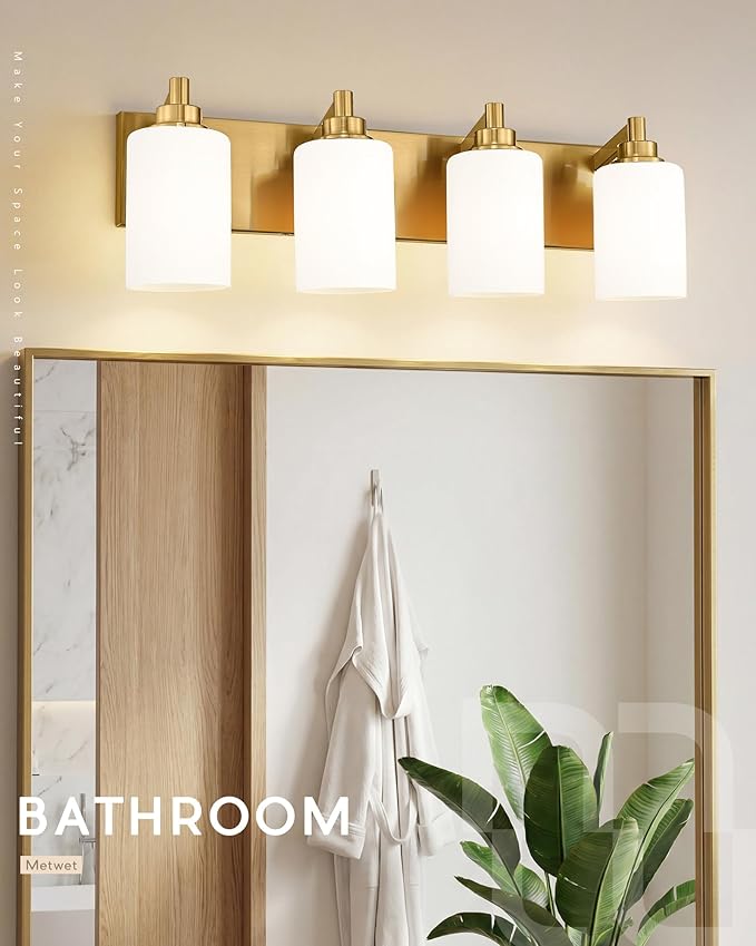 4-Light Bathroom Light Fixtures, 24.5 Inch Brushed Gold Vanity Light with Cylinder Milk White Glass Shade, Modern Vanity Lighting Fixtures Over Mirror, VL143-BG-ML-4