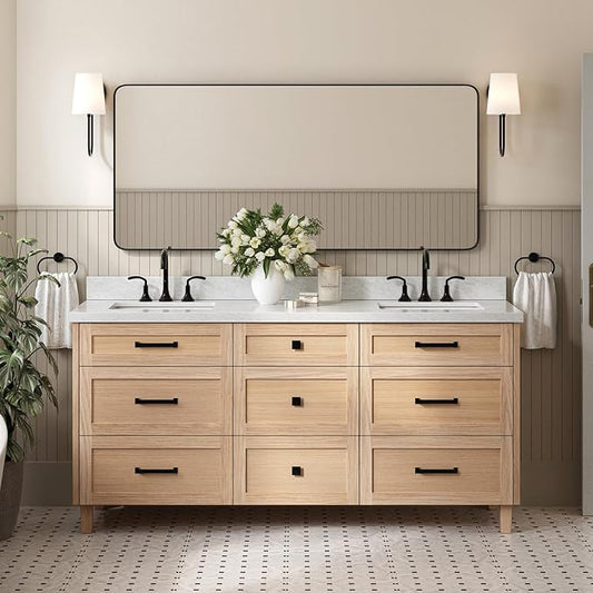 ARIEL Monroe 72-inch Bathroom Vanity with Sink,Solid Wood, 1.5-inch Italian Carrara Marble Countertop & Backsplash, Double Oval Porcelain Sink, 9 Dovetail Drawers, Matte Black, White Oak