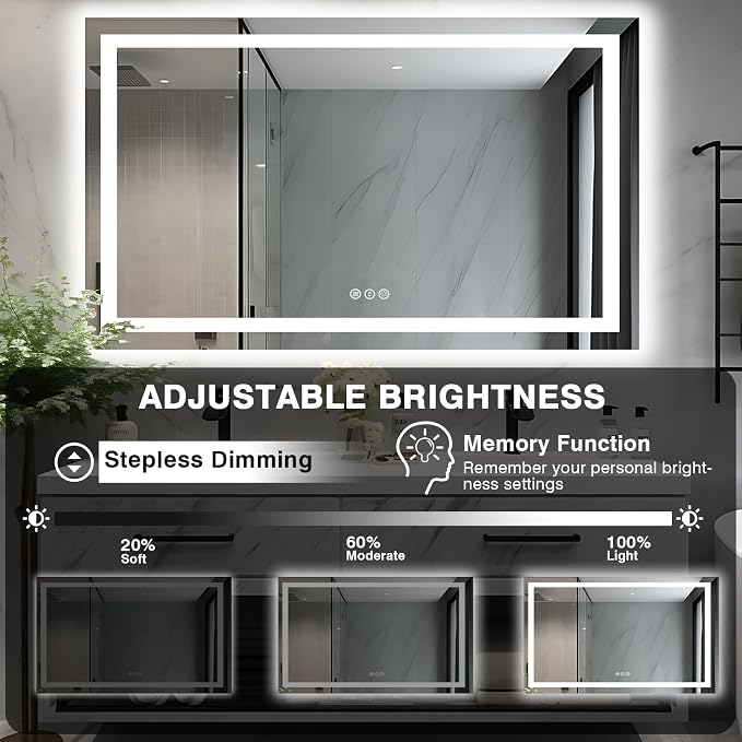 EchosLife 50"x32" LED Lit Bathroom Mirror | Backlit + Front Lit, Anti-Fog, Stepless Dimmable, 3 Colors, Memory, Tempered Glass, UL Listed, Horizontal/Vertical