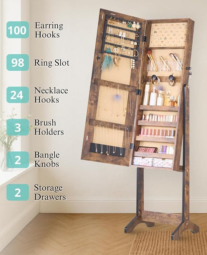 LUXFURNI Standing Jewelry Armoire Cabinet with Full‑Length Mirror Storage | 3‑Color LED Lights, 3 Brush Holders, 3 Adjustable Tilt Angles, True‑to‑View Glass, USB‑Powered Supply, Lockable Design