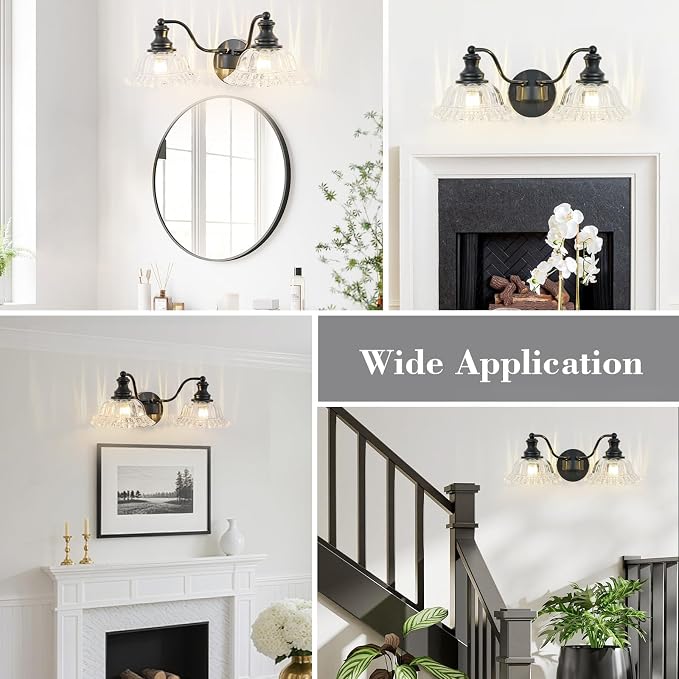 Black Bathroom Light Fixtures Over Mirror, 2 Light Vintage Bathroom Vanity Light Fixture with Clear Flower Glass Shades, Retro Vanity Lights for Bathroom, Bathroom Vanity Lights Over Mirror