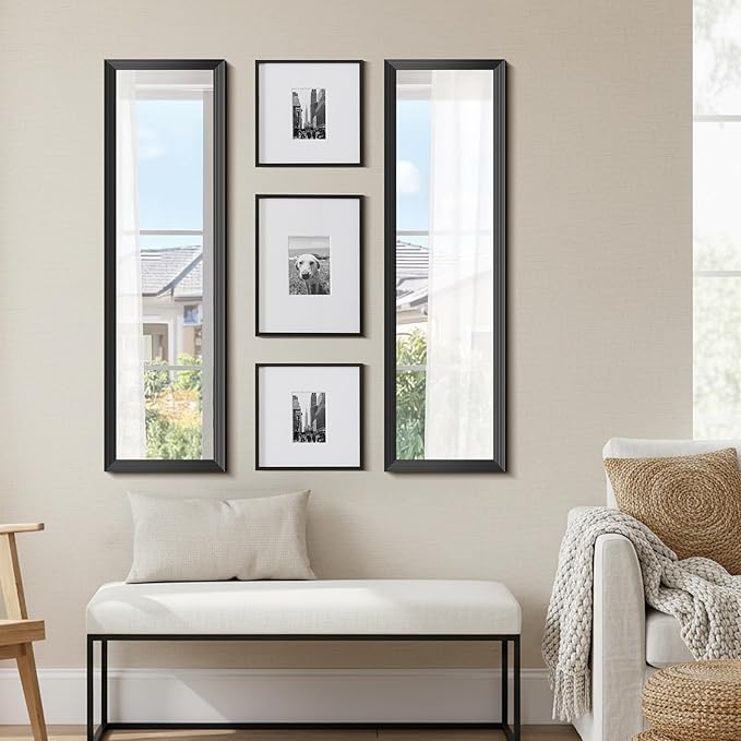 Black Bathroom Mirror 14 x 48 Inch Rectangle Wave Beveled Frame for Wall Bathroom Vanity Mirror for Over Sink, Tempered Glass,for Entryway Hangs, Bathroom Living Room Horizontal or Vertical