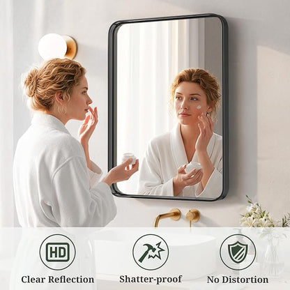 Bathroom Mirror 30x22 Inch Black Metal Frame Rectangle Vanity Mirror | Modern Wall Mounted Anti-Rust Mirror with Rounded Corners for Farmhouse, Restroom, Entryway, Horizontal or Vertical Hanging