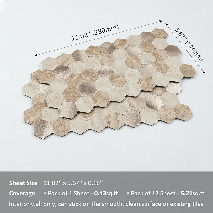 12 Sheets Peel and Stick Backsplash Tile, Hexagon Beige Stone Rock Mixed Brushed Metal Stick on Backsplash, Honeycomb Self Adhesive Mosaic Wall Tiles for Kitchen Bathroom (11.3" x 5.7")