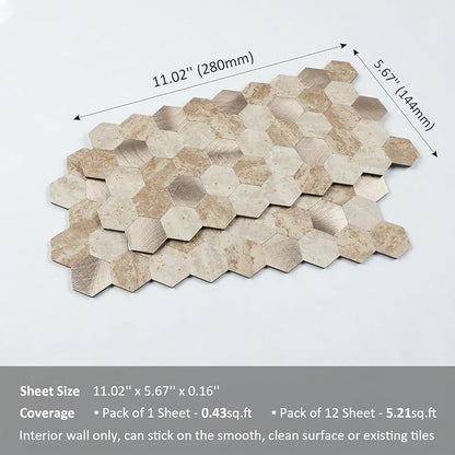 12 Sheets Peel and Stick Backsplash Tile, Hexagon Beige Stone Rock Mixed Brushed Metal Stick on Backsplash, Honeycomb Self Adhesive Mosaic Wall Tiles for Kitchen Bathroom (11.3" x 5.7")
