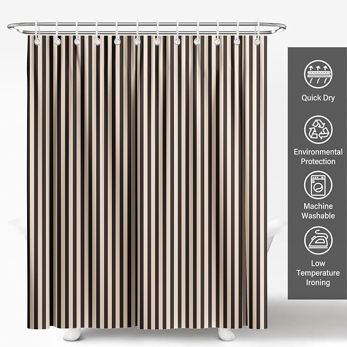 Modern Striped Shower Curtain 72x72 Inch,Elegant Art Bathroom Decor | Vertical Beige and Black Lines Bathroom Decor,Include Hooks,Waterproof Polyester Fabric,Abstract Geometric Shower Curtain