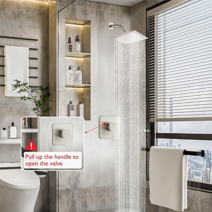 Heyalan 8-Inch Square Rain Shower Faucet Set with Valve, Brushed Nickel | SUS304 stainless steel shower head, male NPT 1/2-inch valve, single-handle control, adjustable angle, 1.8 GPM