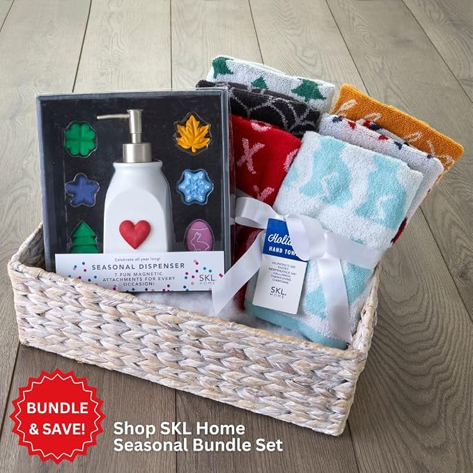 SKL Home Seasonal Soap/Lotion Dispenser Set with 7 Holiday Magnets, Silver | Interchangeable designs to celebrate all year! Gift-ready & great for the bathroom, kitchen, bar or any sink space.