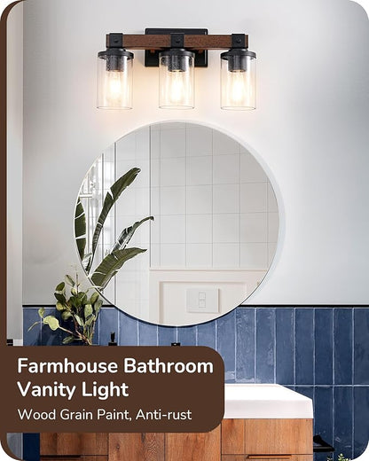 EDISHINE Farmhouse Vanity Lights for Bathroom, 3-Light Bathroom Vanity Light Fixtures Over Mirror, Painted Wood Vintage Bath Wall Sconces Lamp with Bubble Glass Shade for Bedroom, Powder Room