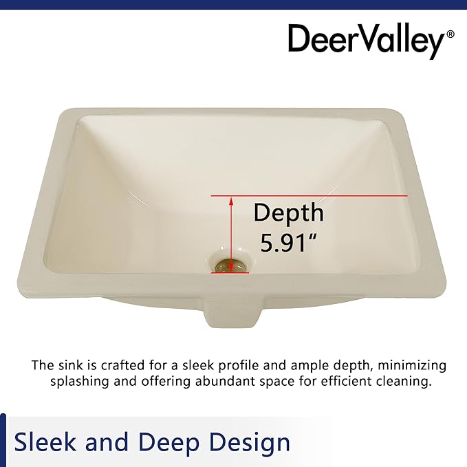 DeerValley DV-1U306BN Undermount Bathroom Sink 18'' x 13'' Rectangular Ceramic Sink Bathroom Wash Basin with Overflow Hole