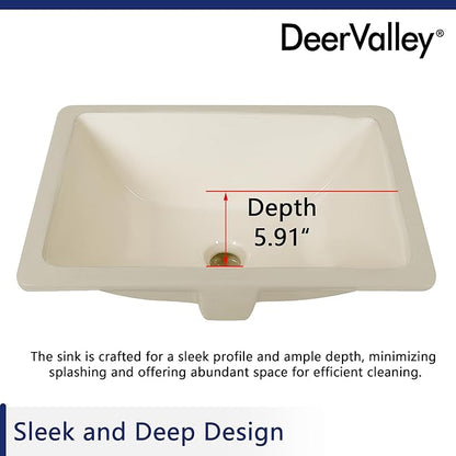 DeerValley DV-1U306BN Undermount Bathroom Sink 18'' x 13'' Rectangular Ceramic Sink Bathroom Wash Basin with Overflow Hole