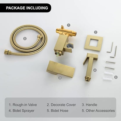 Warm Water Bidet Sprayer for Toilet with Hot and Cold Brass Rough-in Valve, Stainless Steel Handheld Bidet Attachment Set for Feminine, Pets and Baby Diaper Wash, Brushed Gold, BDS08-3