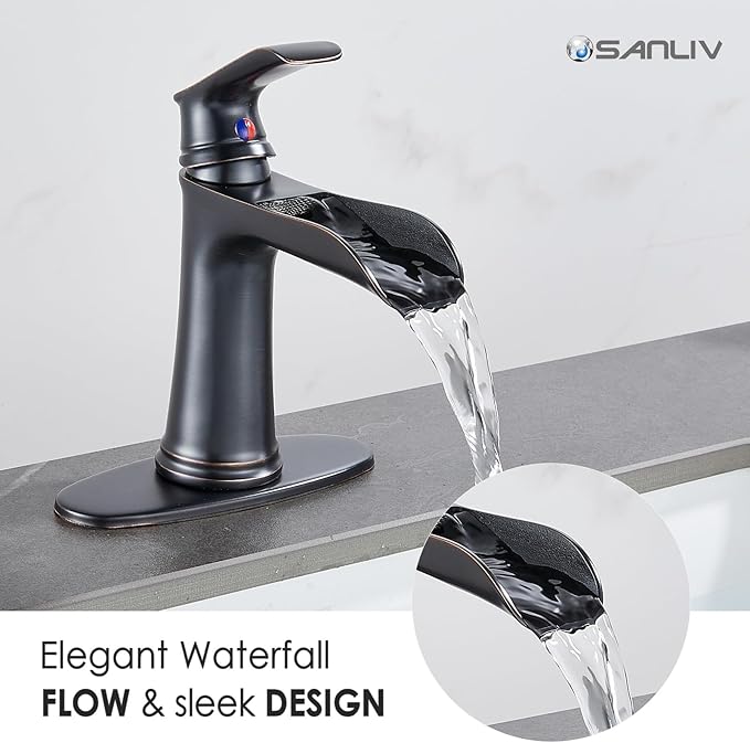 Oil Rubbed Bronze Bathroom Faucet, Sanliv Waterfall Faucet for Bathroom Sinks 1 or 3 Hole, Single Handle Vanity Faucets with Pop Up Drain Deck Plate Supply Hoses, ORB