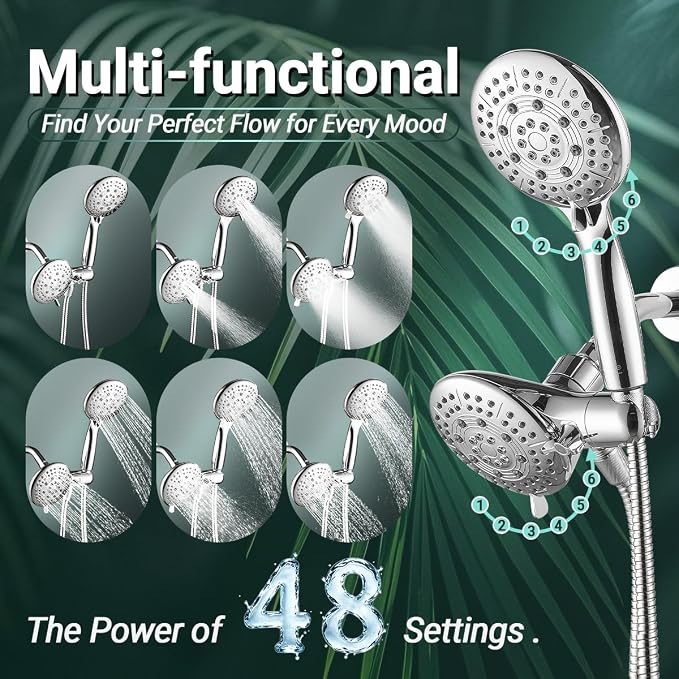 Cobbe® Dual Shower Head Combo, Handheld & Fixed, Chrome | Two Full-Size Shower Heads, 59'' Stainless Steel Hose, Water Saving with 3-Way Water Diverter, Tool-Free Installation