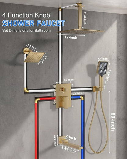 Woindo 4 Function Shower Faucet Set 12" Rain Shower Head/6'' Side Shower Head and 3 Setting Handheld Ceiling Mount Push Button Diverter Complete Rainfall Round Shower System Included Valve Trim Kit