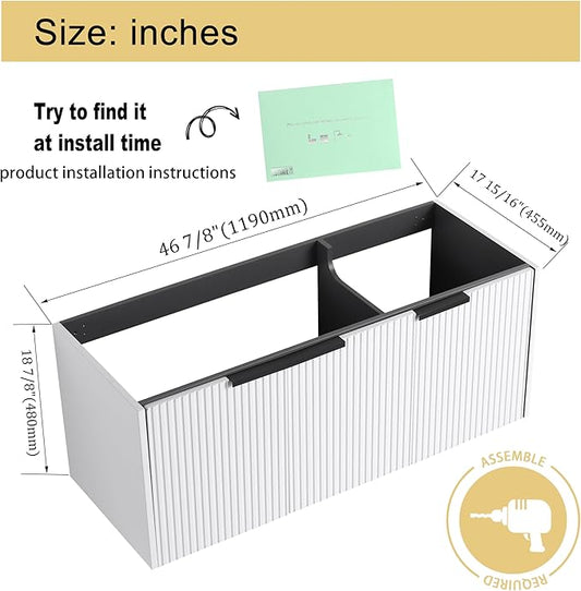 Malwee 48" Floating Bathroom Vanity Without Sink, 48 inch Wall Mounted Bathroom Cabinet, Modern White Cabinet with 3 Soft Close Doors, Basin not Include(MA10348DWH-C)