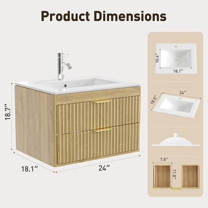 24 Inch Floating Bathroom Vanity Without Sink, Bathroom Wall Cabinet with 2 Fluted Drawers & Metal Handle, Wall Mounted Cabinet for Bathrooms (Natual Yellow, 24 inch, Without Sink)