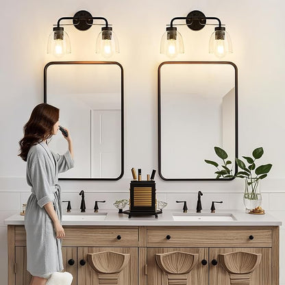 16 Inch Vanity Lights, 2-Light Black Modern Industrial Bathroom Light Fixtures with Bell Bubble Glass Shade, Wall Sconce for Bathroom Mirror, Bedroom, Hallway (2 Pack)