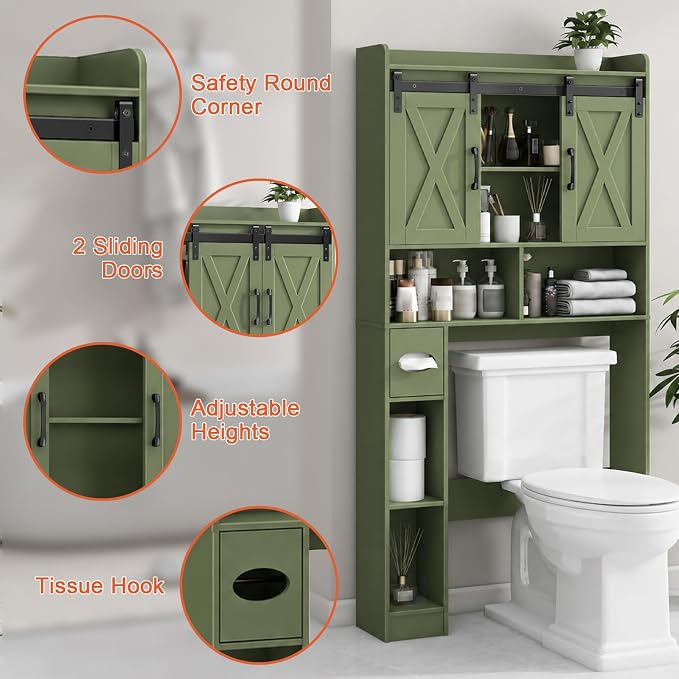 Vabches Over The Toilet Storage Cabinet with Sliding Doors, Green | Farmhouse Storage Cabinet Over Toilet, Home Space-Saving Toilet Rack, Toilet Paper Holder Stand,for Restroom,Bathroom,Laundry