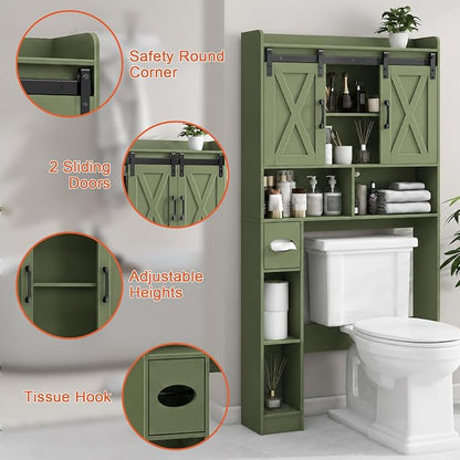 Vabches Over The Toilet Storage Cabinet with Sliding Doors, Green | Farmhouse Storage Cabinet Over Toilet, Home Space-Saving Toilet Rack, Toilet Paper Holder Stand,for Restroom,Bathroom,Laundry