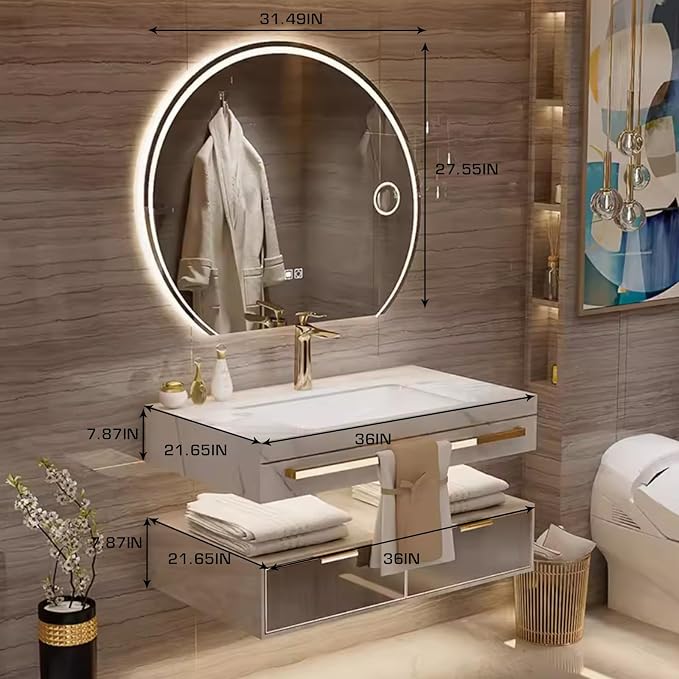 36 Inch Luxury Bathroom Vanity, Floating Bathroom Vanity with Sink and LED Round Smart Defogger Mirror, Multilayer solid wood Spacious Storage Drawer Include Faucet and Drain Fittings,Single Sink