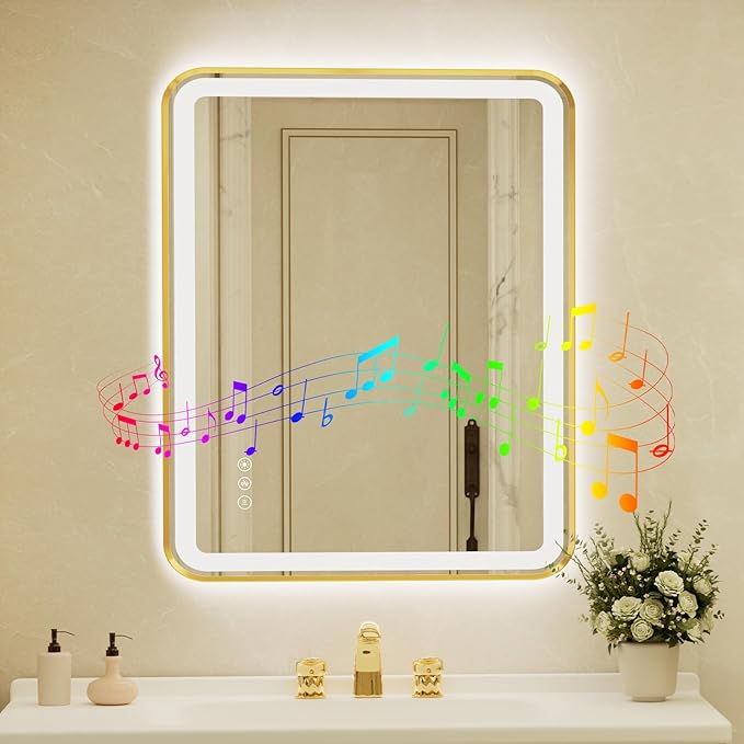 36x48 Inch Gold Framed LED Bathroom Mirror with Lights, Built-in Bluetooth Speaker, Dimmable Lighted Bathroom Vanity Mirror with 3 Colors, Backlit + Frontlit, Memory, Anti-Fog