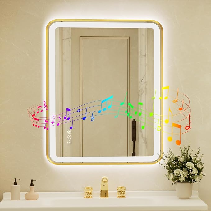 32x40 Inch Gold Framed LED Bathroom Mirror with Lights, Built-in Bluetooth Speaker,Tempered Glass,Dimmable Lighted Bathroom Vanity Mirror with 3 Colors, Backlit + Frontlit, Memory, Anti-Fog