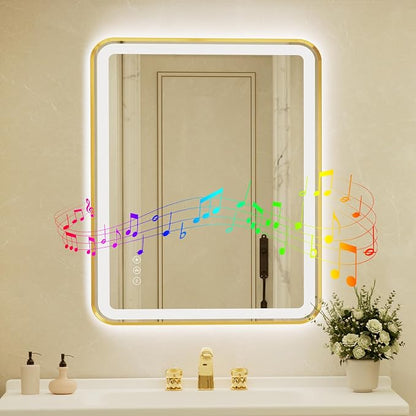 32x40 Inch Gold Framed LED Bathroom Mirror with Lights, Built-in Bluetooth Speaker,Tempered Glass,Dimmable Lighted Bathroom Vanity Mirror with 3 Colors, Backlit + Frontlit, Memory, Anti-Fog