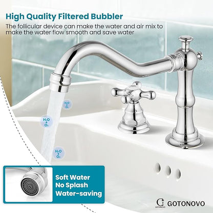 gotonovo Bathroom Faucet 3 Hole 8 Inch Widespread Bathroom Sink Faucet 2 Cross Handles Vintage Lavatory Vanity Mixer Tap with Pop Up Drain, Round Font Label, Polish Chrome