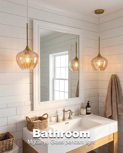 2-Pack Amber Glass Pendant Lights for Kitchen Island, 7.7" Modern Pendant Lighting Vintage Gold Light Fixtures Adjustable Hanging Light for Kitchen, Dining Room, Bar, Bathroom