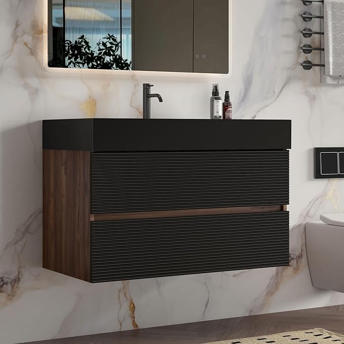 36 Inch Bathroom Vanity with Black Sink, Floating Bathroom Cabinet with 2 Soft-Closing Drawers, Large Storage for Powder Room, Apartment, Hotel, Walnut+Black, Fir Collection