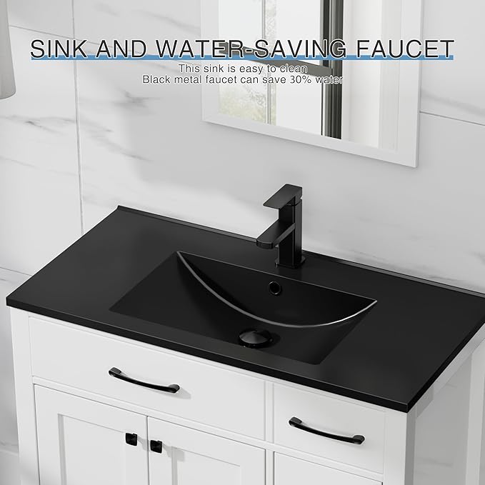 LUCKWIND 36" Bathroom Vanity with Black Sink Combo, Painted Modern Bathroom Storage Cabinet with Black Sink, Two Doors and Three Drawers, Include Faucet Without Mirror, White