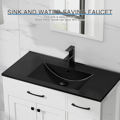 LUCKWIND 36" Bathroom Vanity with Black Sink Combo, Painted Modern Bathroom Storage Cabinet with Black Sink, Two Doors and Three Drawers, Include Faucet Without Mirror, White