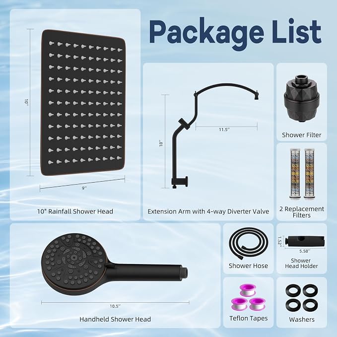 Hibbent 10'' Dual-Filter Showerhead & 10-Mode Handheld, Oil-Rubbed Bronze | All Metal Stainless Steel Rain Showerhead, 4-way Diverter, Heightened All Metal Extension Arm, 71'' Hose & Holder, Easy Reach