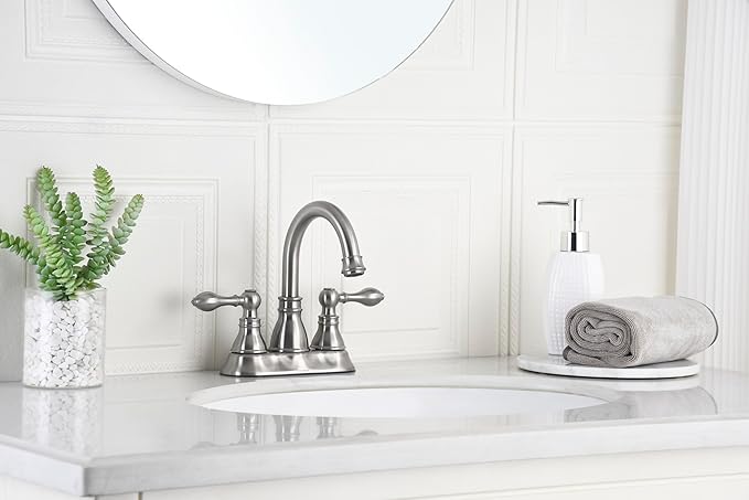 Two Handles Brushed Nickel Bathroom Faucet 3 Hole Sink Faucet with Overflow Pop up Drain, 360° Swivel Spout 4 Inch Centerset Lavatory Faucet Without Water Supply Lines,F-4501-BN