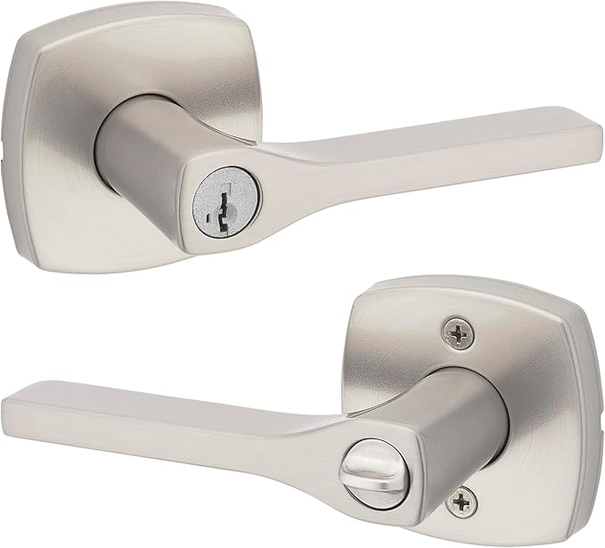 Kwikset Tripoli Lever Entry Door Handle with Lock and Key, Secure Keyed Reversible Lever Exterior, For Front Entrance and Bedrooms, Satin Nickel, Pick Resistant Smartkey Rekey Security and Microban