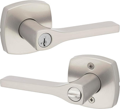 Kwikset Tripoli Lever Entry Door Handle with Lock and Key, Secure Keyed Reversible Lever Exterior, For Front Entrance and Bedrooms, Satin Nickel, Pick Resistant Smartkey Rekey Security and Microban