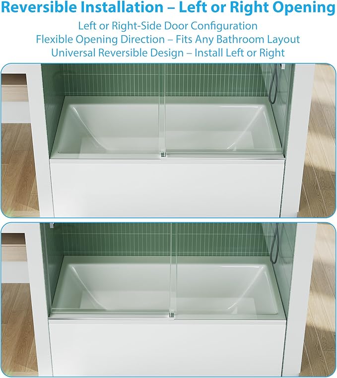 Frameless Sliding Shower Door for Tub 56-60”W×59”H, Sliding Shower Door with Fixed Panel, Stainless Steel Round Rail, 8mm Tempered Glass, Single Sliding Shower Door, Brushed Finish