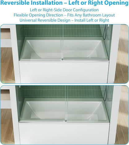 Bathtub Shower Door, 59" Wide x 60" High Sliding Door with 8mm Tempered Glass & Easy-Clean Coating, Brushed Stainless Steel Top Rail, One Fixed One Sliding Panel