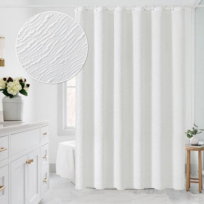 MitoVilla Extra Long Shower Curtain 72 x 84, Farmhouse Fabric White XL Shower Curtains for Bathroom Decor, Modern Luxury Cloth Shower Curtain, 3D Marble Textured