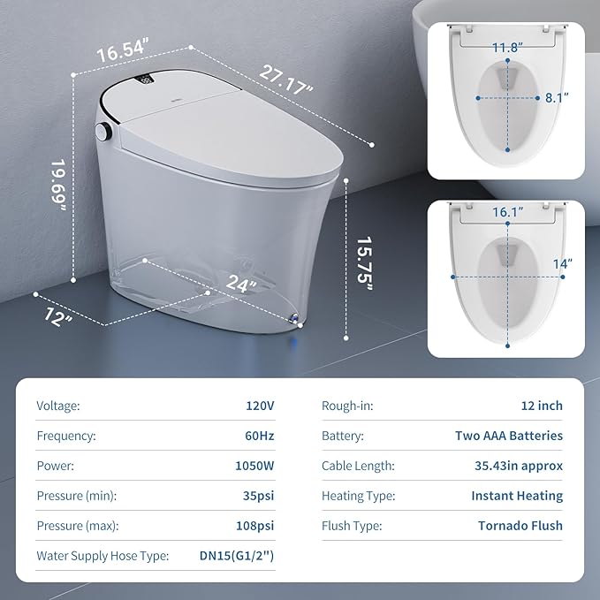 Smart Toilet with Bidet Built in, Luxury Bidet Toilet with Tank, Foam Dispenser for Self-Cleaning Shield, Heated Seat, Instant Warm Water & Dryer, Pump-Assist & Kick Flush, Digital Display