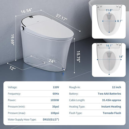 Smart Toilet with Bidet Built in, Luxury Bidet Toilet with Tank, Foam Dispenser for Self-Cleaning Shield, Heated Seat, Instant Warm Water & Dryer, Pump-Assist & Kick Flush, Digital Display