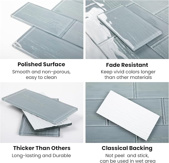 Glass Subway Tiles, 3 x 6 Inch, Gray Glass Tiles for Backsplash, Bathroom Shower Wall, Pack of 32 Pieces