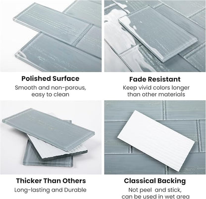 Glass Subway Tiles, 3 x 6 Inch, Gray Glass Tiles for Backsplash, Bathroom Shower Wall, Pack of 32 Pieces