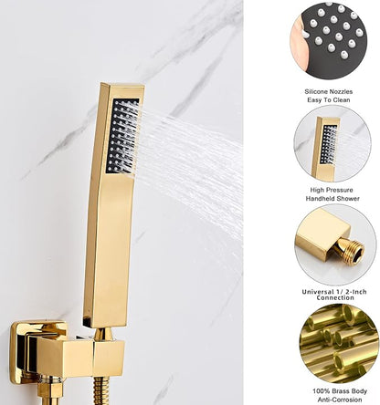 old square hand shower head, handheld shower head with hose,brass High pressure flushing With adjustable water supply elbow Wall-mounted connector Shower bracket and hose set