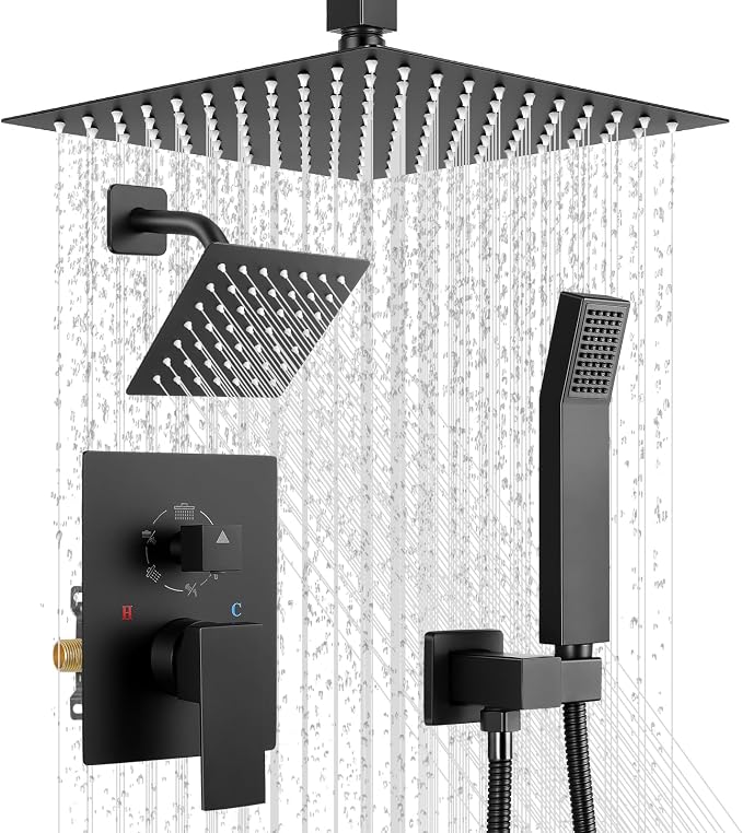 Rain Shower Faucet Set, 10" Top + 6" Side Head, Matte Black | 3-head set w/ valve, SUS304 anti-freeze, 6 spray modes, self-clean nozzles