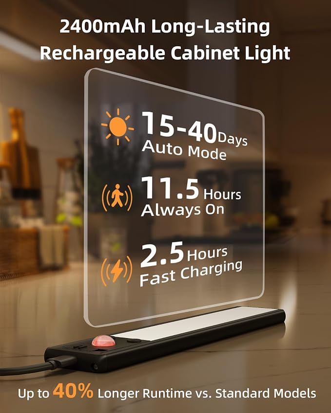 EZVALO 8" Under Cabinet Lighting, 2400mAh USB-C Rechargeable Motion Sensor Light, 3 Color Temps, 5-Level Dimmable Magnetic Wireless Closet Lights for Kitchen, Pantry, Stairs (2 Pack)